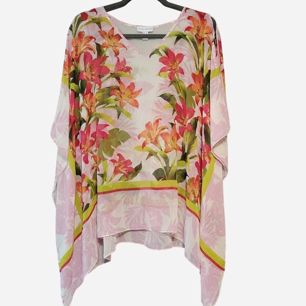 Susan Graver Women's Large sheer tropical kimono blouse resort coastal vacation